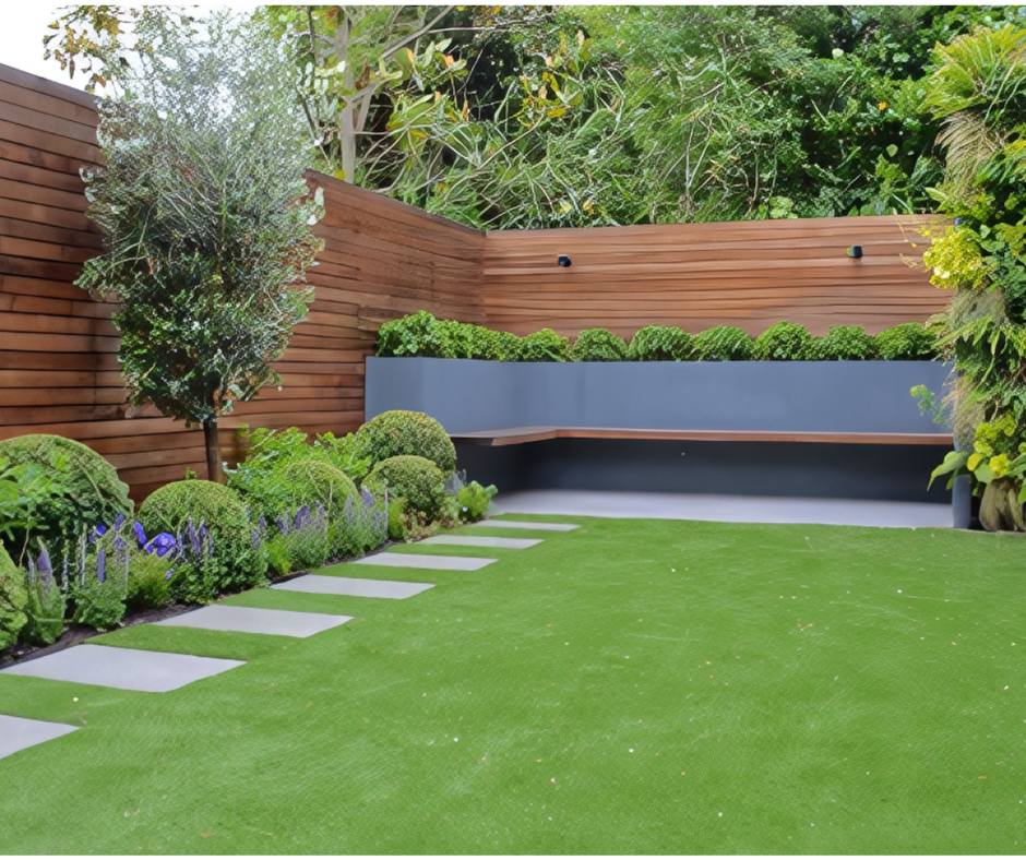 Residential landscaping design featuring a cozy seating area and lush greenery.