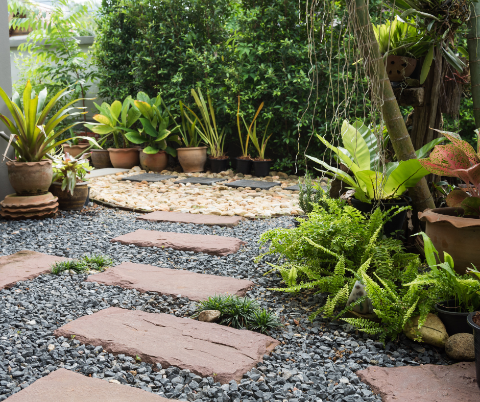 Professional residential landscaping in Houston, showcasing a modern design with a stone pathway and diverse plant life.