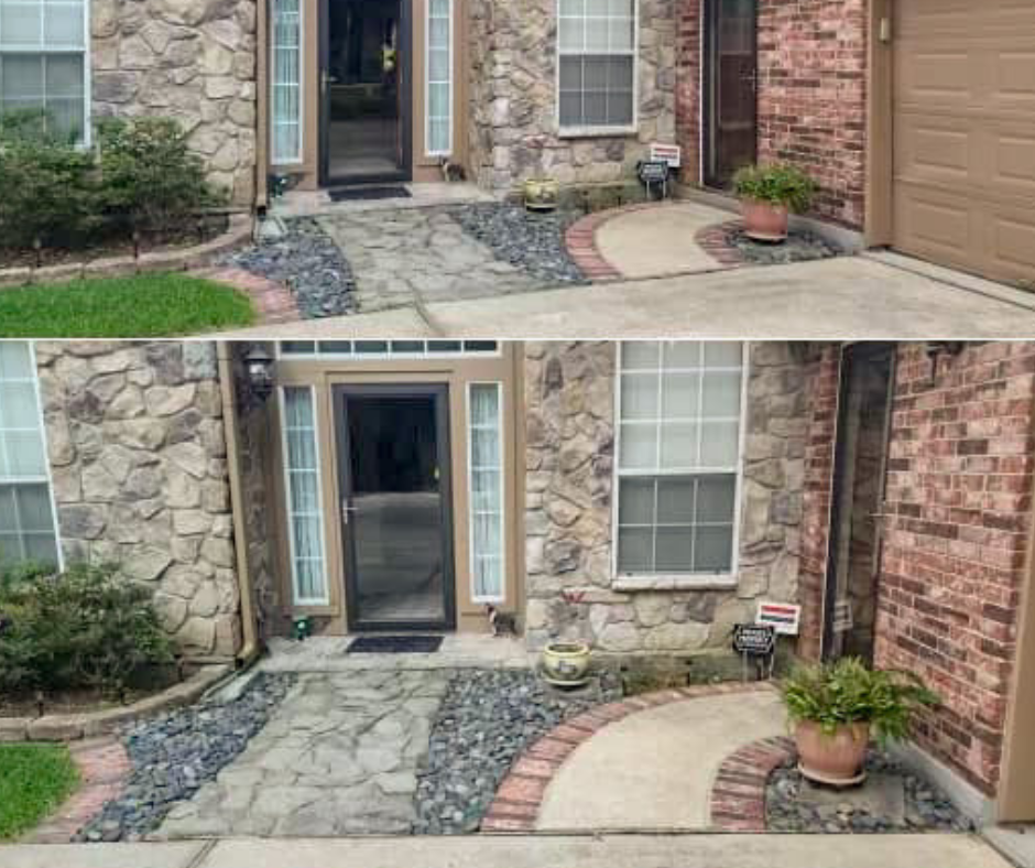 Entryway Transformation: During Image, showing the cleaning and pressure washing process